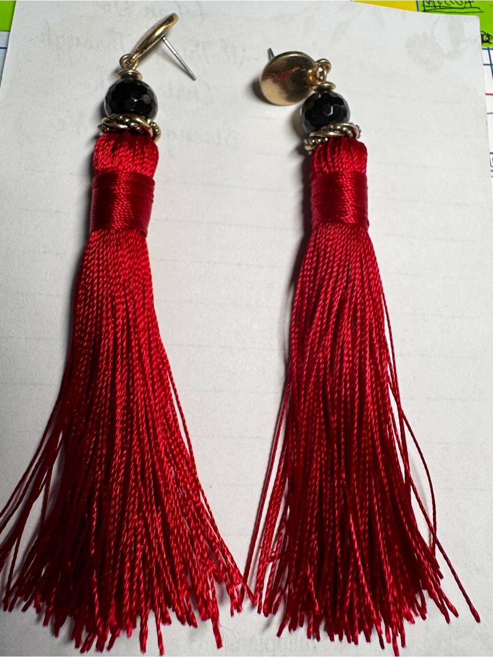 Dramatic Red Tassel Drop Earrings with Black Bead and Gold Accents